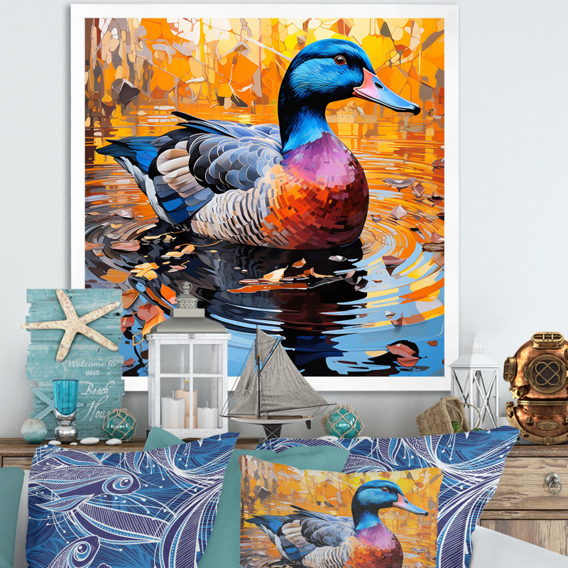 «Duck Morning Quack Lake II», art mural canard, Cadre simple blanc, H 30 po x l 30 po x P 1,5 po