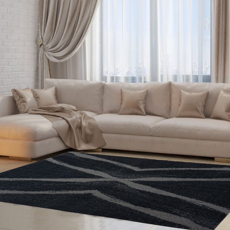 Tapis noir à motif abstrait Ramer, Rectangle 6 pi 6 po x 9 pi 6 po