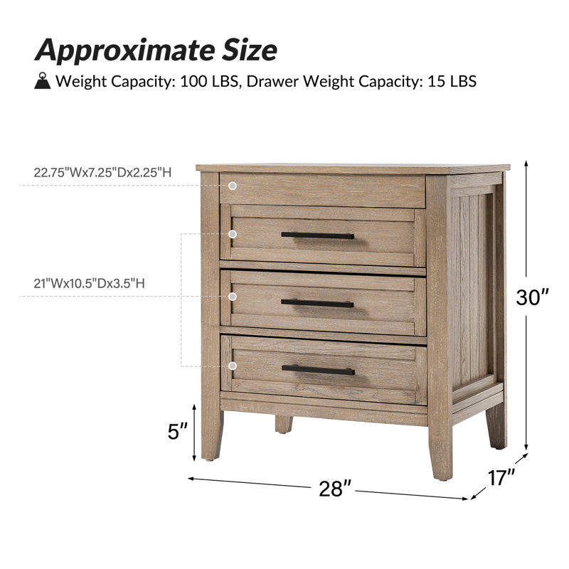 Giordana Wood 3-Drawer Nightstand with Charging Station, Oak