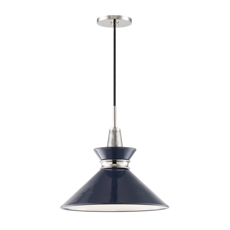 Luminaire suspendu conique à 1 lumière Corby, Nickel poli, Bleu marine, H 13,25 po x l 14 po x P 14 po