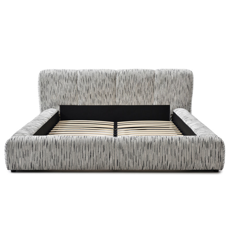 Très grand lit plateforme tapissier Sienna - profil bas avec tête de lit rembourrée., Blanc / gris, Très grand