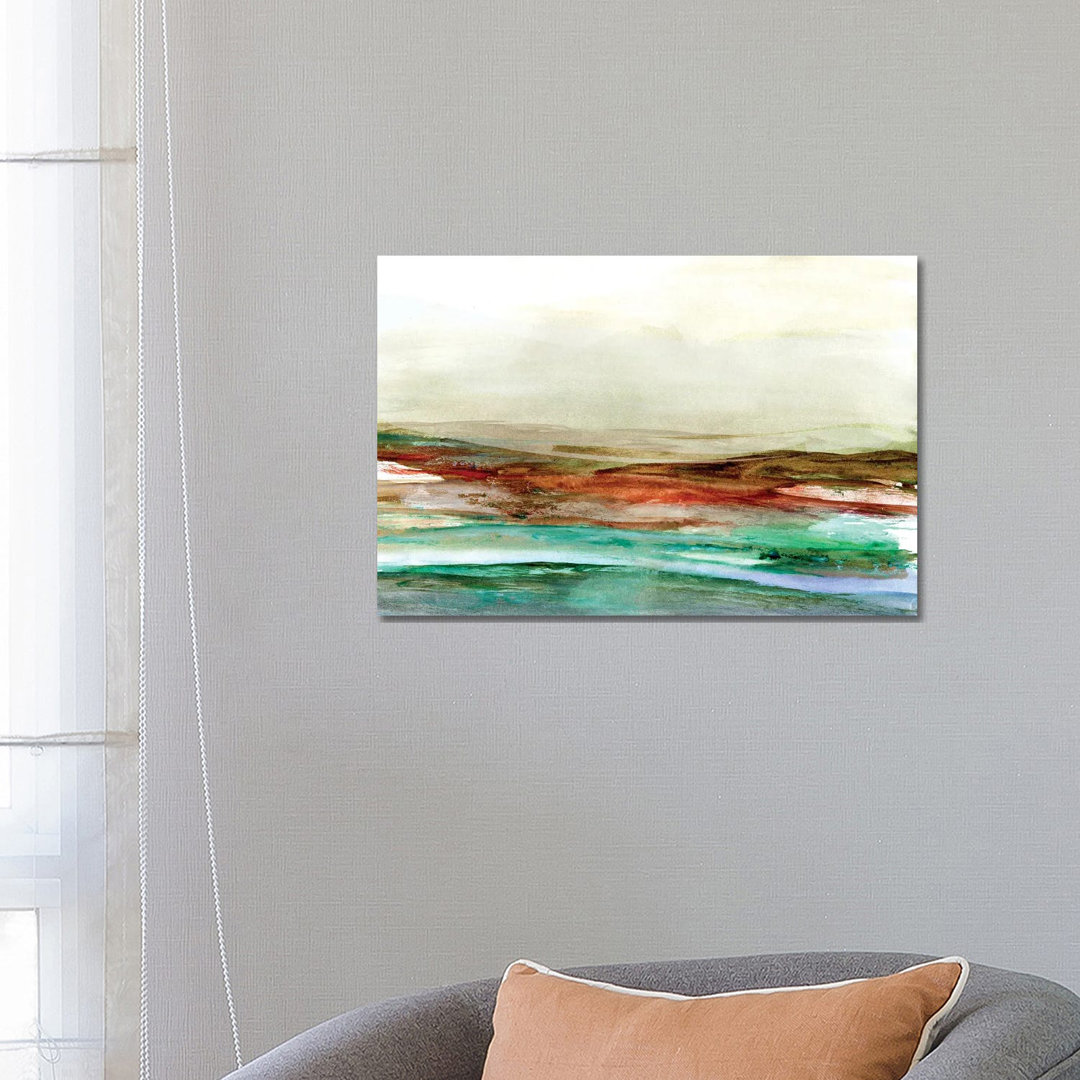 Teal Red Landscape Watercolor von Jae Landow - Galerie-verpackte Leinwand Giclée auf Leinwand