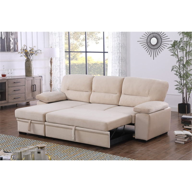 Kipling 97.5"  Velvet Fabric Reversible Sleeper Sectional Sofa Chaise, Beige Velvet