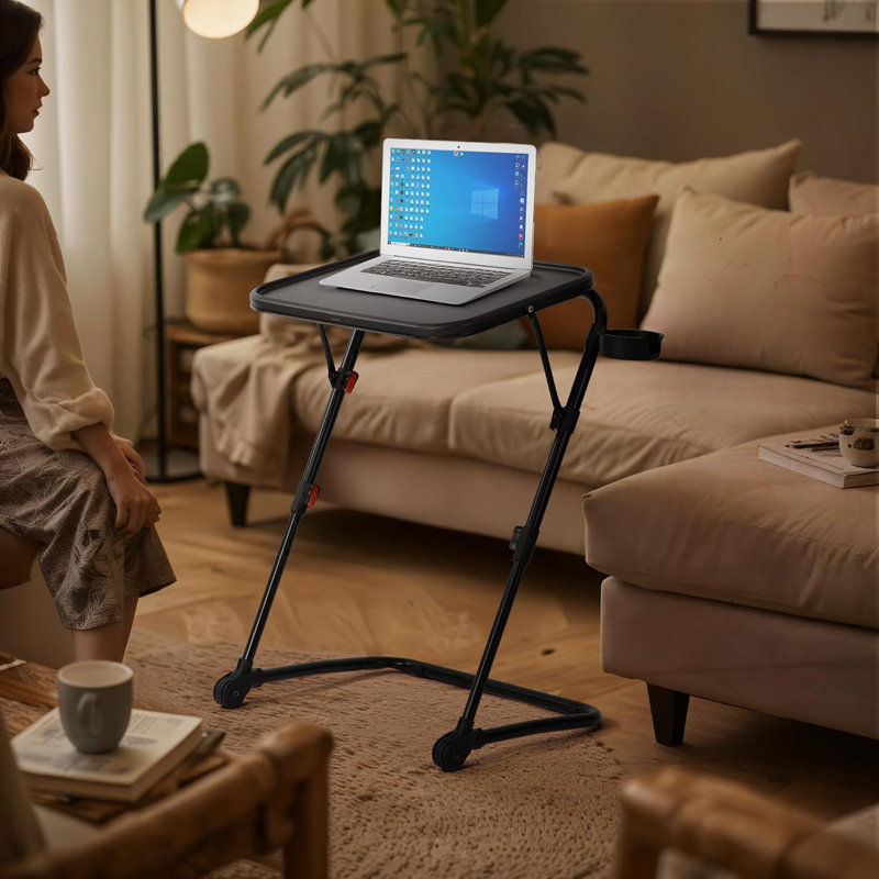 Compact Folding End Table With Built-In Cup Holder, Space-Saving Sofa Side Table For Living Room & Bedroom, Lightweight And Portable Design For Small Spaces