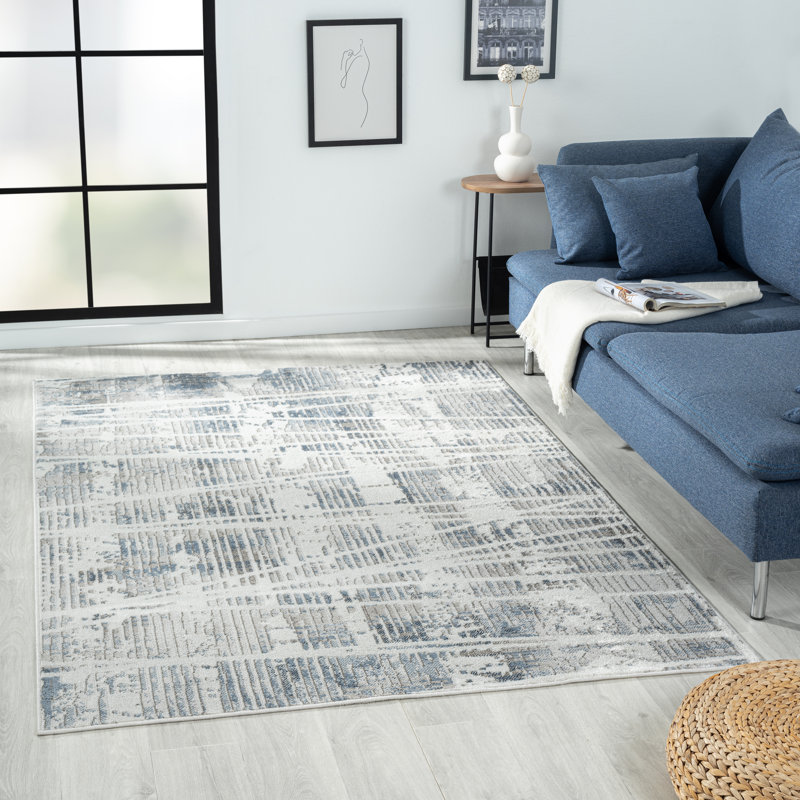 Tapis ivoire / bleu / gris Carrle, Rectangle 7 pi 9 po x 9 pi 9 po