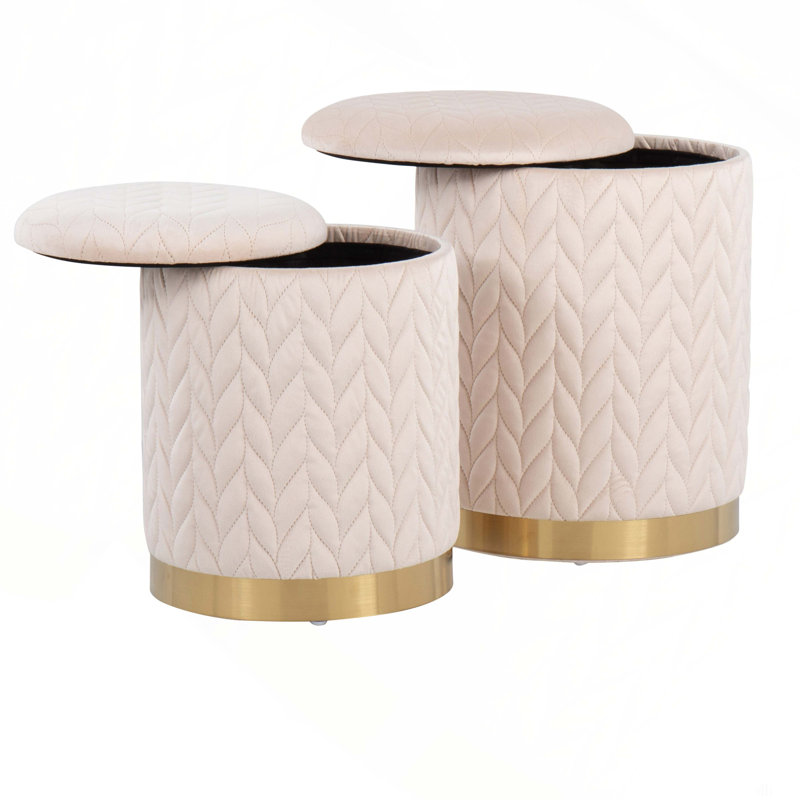 Quilted Ottoman Set In Gold Metal And Cream Velvet