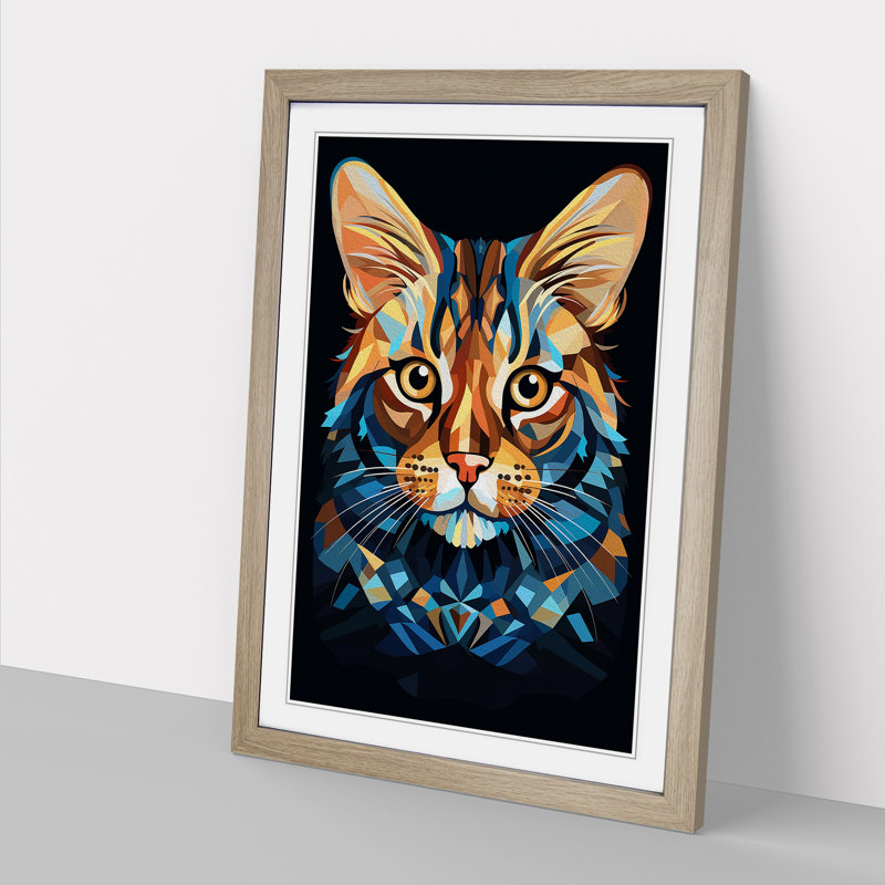 Bengal Cat Cubism No.2 - Single Picture Frame Print on Wood, 34cm H x 25cm W x 2cm D, Oak Framed