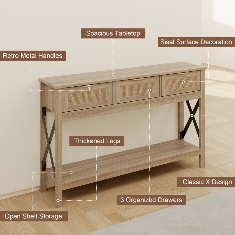 Natural Wood Console Table with Sisal Drawers and Open Shelf