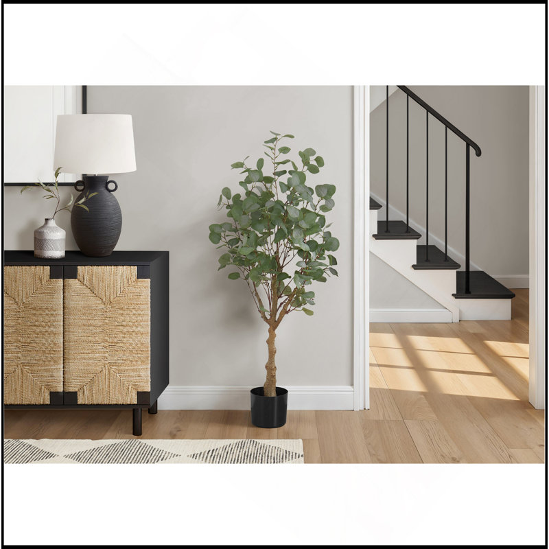Plante artificielle, arbre d'eucalyptus de 46 po de hauteur, intérieur, faux, faux, plancher, verdure, pot, décoratif, feuilles vertes, pot noir