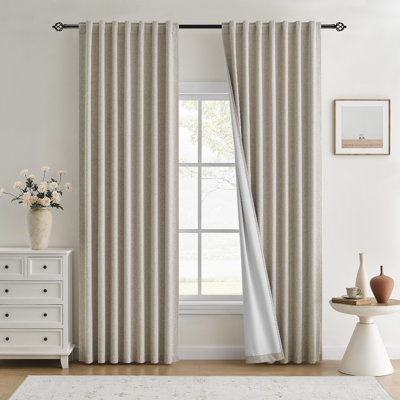 Modern Farmhouse 100% Blackout Heading Tape Ring Clips Back Tab Linen Blend Curtains,2 Panels