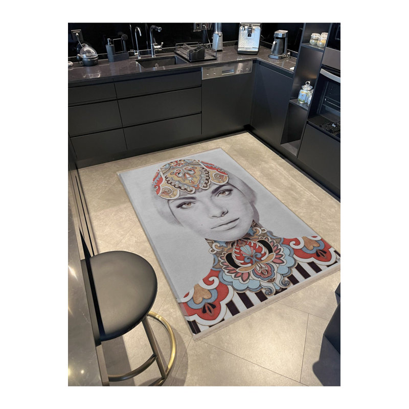 Tapis décoratif lavable à la machine beige, Rectangle 4 pi 7 po x 6 pi 7 po