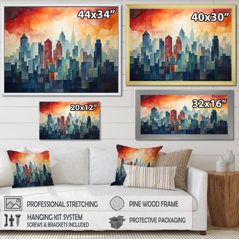 Aquarelle colorée, art mural New York City II, Cadre doré à coins fermés, H 24 po x l 32 po x P 1 po