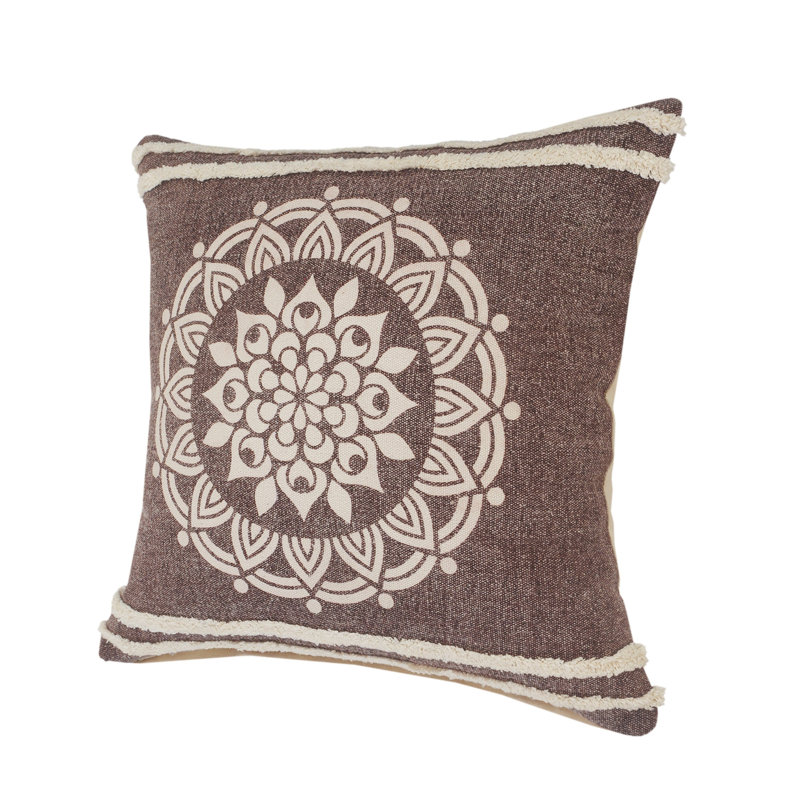 20" Brown And White Floral Medallion Cotton Throw Pillow