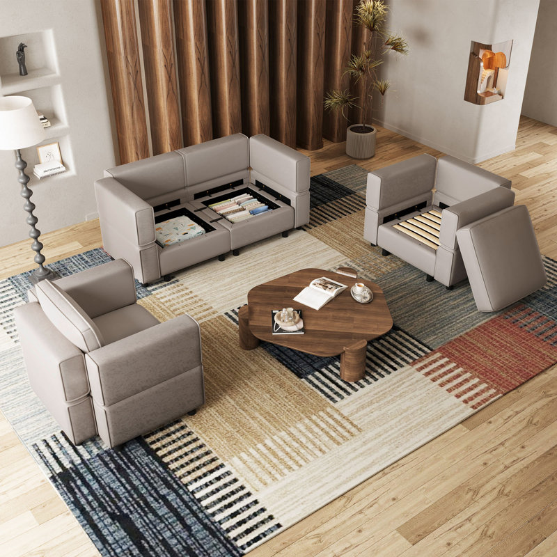 Ensemble de salon modulaire rembourré Elda, Velours gris velours