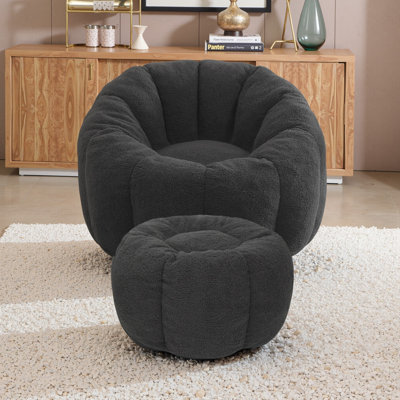 Compression Comfy Pumpkin Bean Bag Couch Sofa Chair,Soft Teddy Fabric Bean Bag Chair With Ottoman