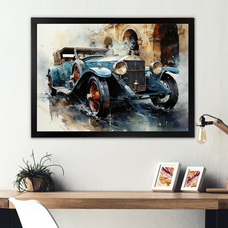 Une aquarelle capturant une voiture rétro - Art mural rétro de voiture, H 30 po x l 40 po x P 1,5 po, Cadre photo noir simple