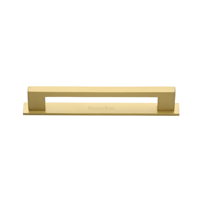 Heritage Brass Heritage Cabinet Pull Metro Design with Plate, Satin Brass, 9.6cm