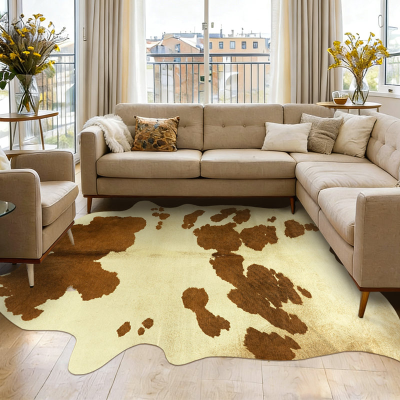 Faux leather animal print area rug for indoor use, suitable for living rooms, bedrooms, and studies.