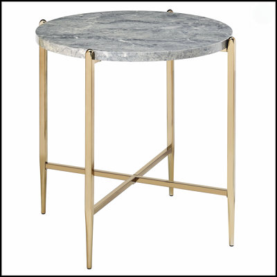 Chic Grey And Champagne Faux Marble Round End Table, Perfect For Modern Living And Stylish Decor