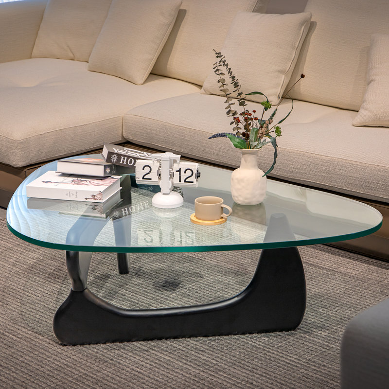 Triangle Glass Coffee Table with Wooden Base Clear Glass Top Mid-Century Abstract Glass Table, Black