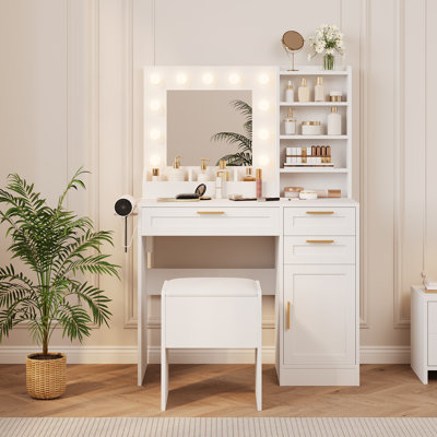 Vanity Desk with Mirror, Makeup Vanity Set with Drawers & Cabinet & Chair, Dressing Table with Hairdryer Holder for Bedroom, White