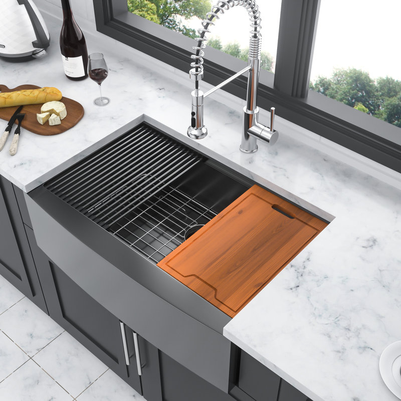 Évier de cuisine en acier inoxydable de 30 po avec poste de travail de calibre 16, finition nickel brossé, fonctionnel, comprend planche à découper, support à roulettes, grille de rinçage, passoire, pinces, crépine, guide d'installation