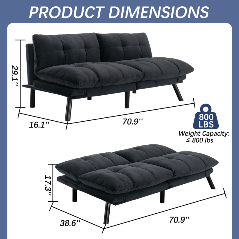 Canapé-lit futon en velours de 70,9 pouces avec dossier et accoudoirs ajustables, Velours noir