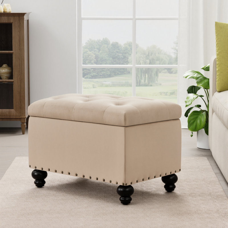 Repose-pieds rectangulaire avec rangement Dhiren, Velours kaki