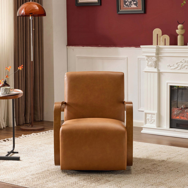 Fauteuil d'appoint pivotant rétro, similicuir et accoudoirs courbés en bois massif