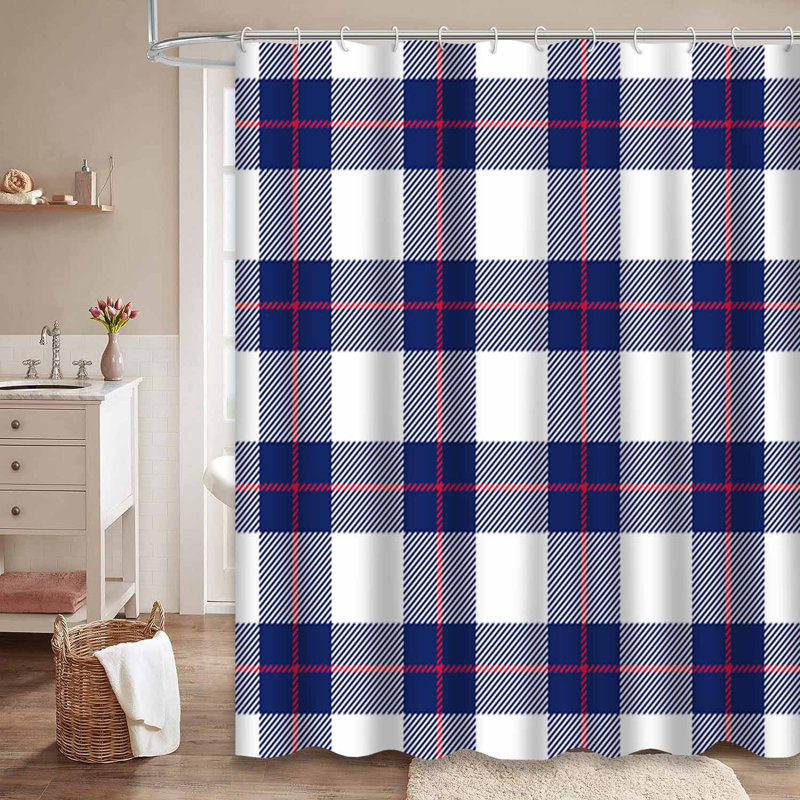 Rideau de douche bleu à motif écossais bleu et rouge avec 12 crochets, L 72 po x l 78 po