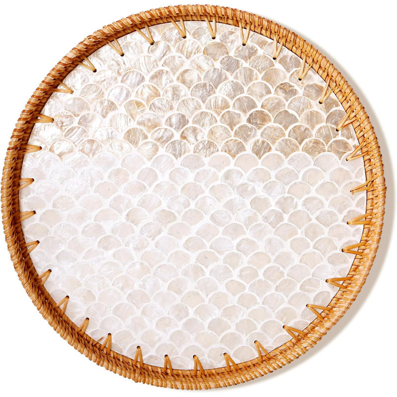 13.8" Rattan Tray With Fish Scale Inlay
