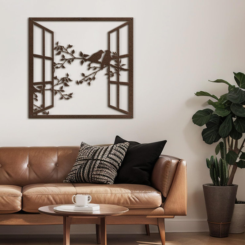 Bird Silhouette on Branch Modern Abstract Wall Accent Sculpture Hanging Decoration Metal Wall Decor, Brown