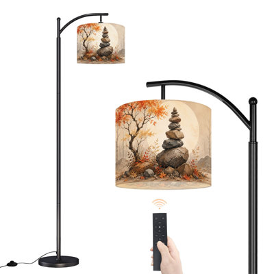 Lampadaire arqué PeeNoke, motif fantaisie marguerites, champignons et rayures roses rétro, 159 cm de haut, lampe moderne sur pied, abat-jour tambour en lin DEL, 3 températures de couleur, télécommande et interrupteur au pied, idéal pour le salon, la chambre ou un coin lecture.