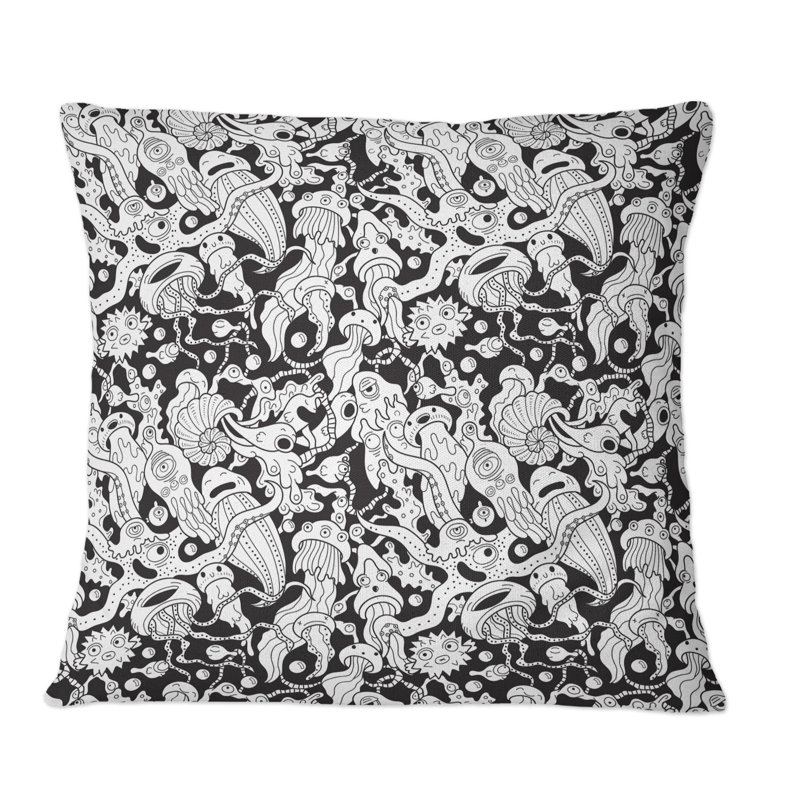 Deep Sea Monsters en noir et blanc - Coussin décoratif à motif, 16 po x 16 po