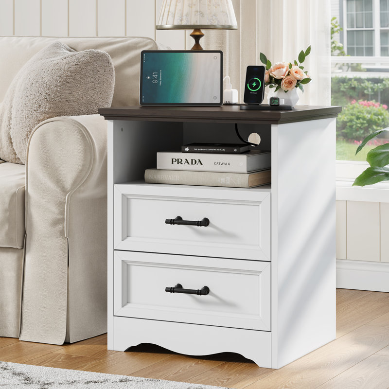 Table de chevet avec station de charge, table de bout de ferme de 23,6 po avec 2 tiroirs et base unique, pour le salon de la chambre à coucher, blanc