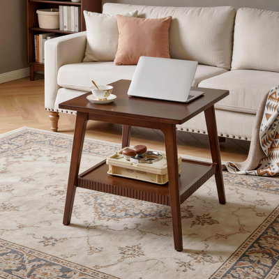 Solid Wood End Table, 2‑Tier Square Side Table With Storage Shelf, Modern Nightstand Accent Table For Living Room, Sofa Couch Side