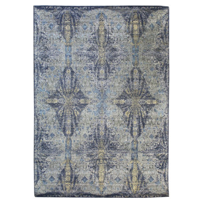 Tapis bleu en laine tissé à la main de conception unique 8 pi 8 po x 12 pi New Age
