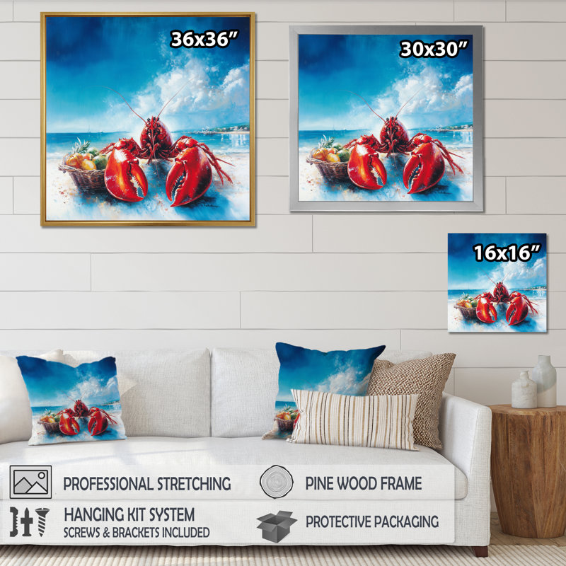 Plage avec un chef homard - Décoration murale homard, H 16 po x l 16 po, Impression dans un cadre flottant sans passe-parto
