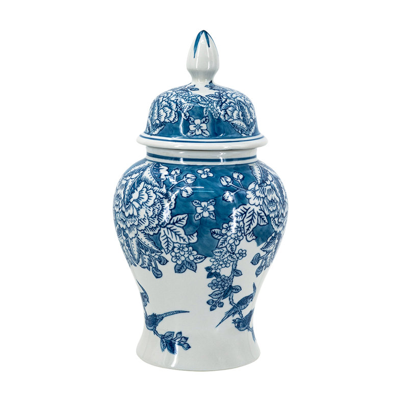 Pot à gingembre classique en porcelaine bleue et blanche avec motif élégant de fleurs et d'oiseaux