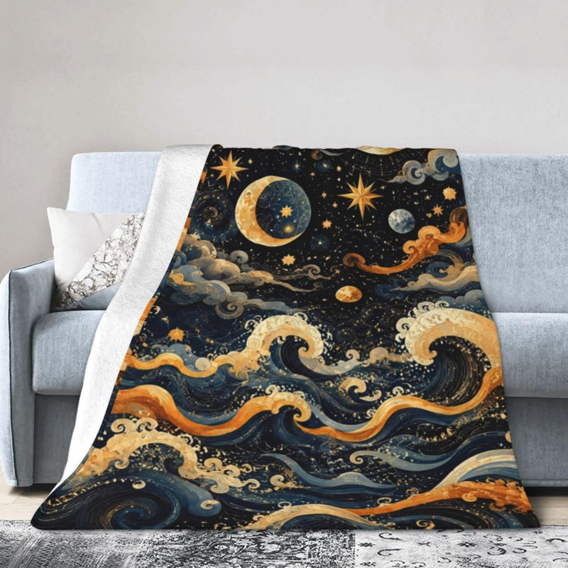 Couverture en flanelle ultra douce Celestial Ocean Waves Moon Stars Clouds, 80" L x 60" W