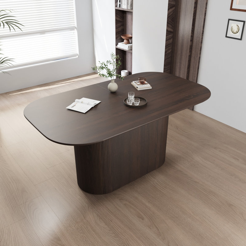 Chiho Dining Table with Thick Top & Vertical Striped Legs, Brown