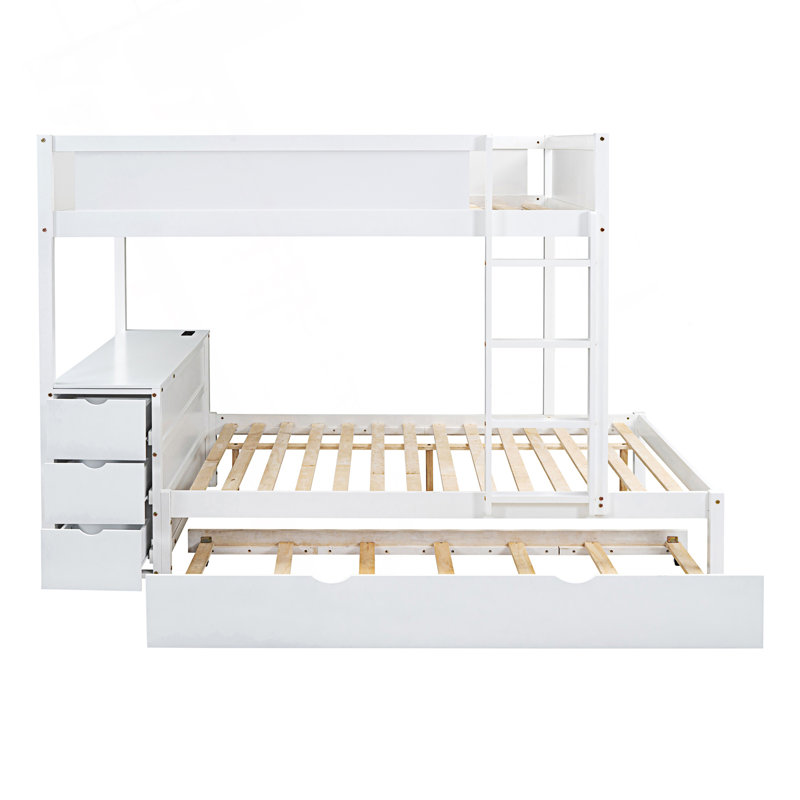 Lit superposé double avec lit gigogne simple, rangement et bureau, Full, Blanc