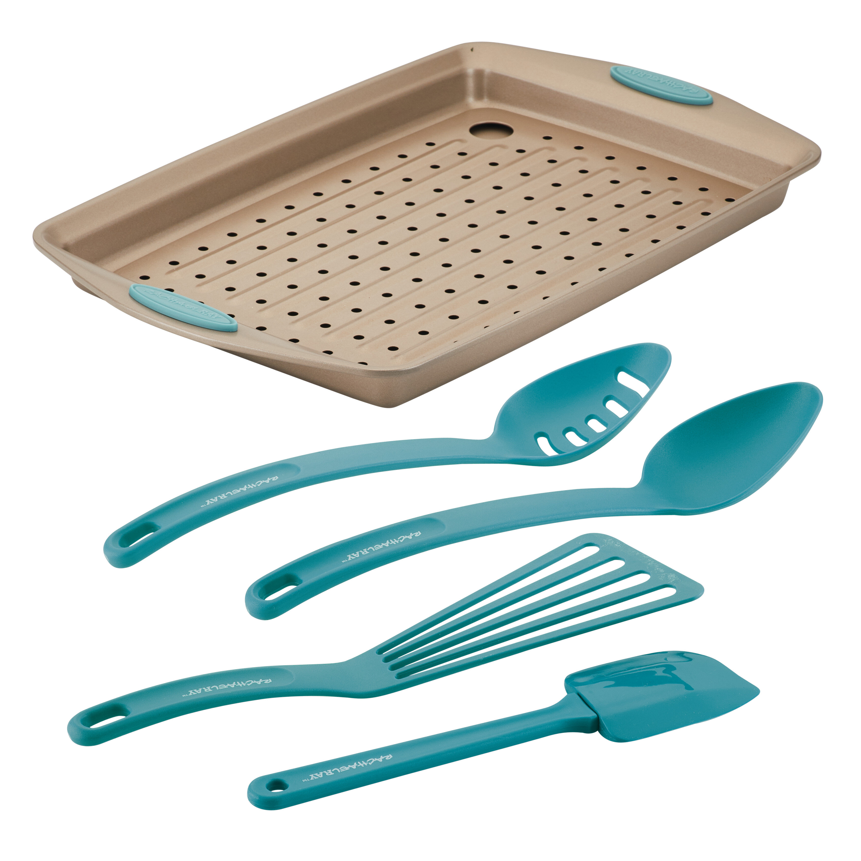 Teal Kitchen Utensils Set with Holder - 17PC Teal & Gold Cooking