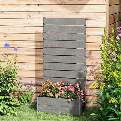 Jardinière surélevée avec treillis pour patio extérieur, bac à eau gris autoportant - drain de 28,07 po x 15 po et 59 po, structure en bois texturé en plastique, capacité de plantation de 9 gallons, cadre en aluminium renforcé
