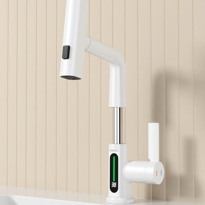 Bathroom Pull-Out Lift Faucet With Led Temperature Sensor - 360 Rotatable, 31 Spout Modes, Adjustable Height, White Basin Tap Feature And Indicator Height