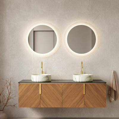 60" Bathroom Vanity, White Round Basins, Black Sintered Stone Countertop, Brown Oak Grain Cabinet, 4 - Door Design, Soft Close Mechanism, Build Vanity With Floating Plywood 2 Ceramic Counter, Finish,