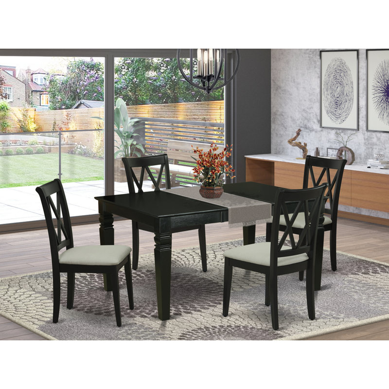 5 Piece Dining Table Set for 4 Includes a Rectangle Kitchen Table with Butterfly Leaf and 4 Linen Fabric Dining Room Chairs, Black