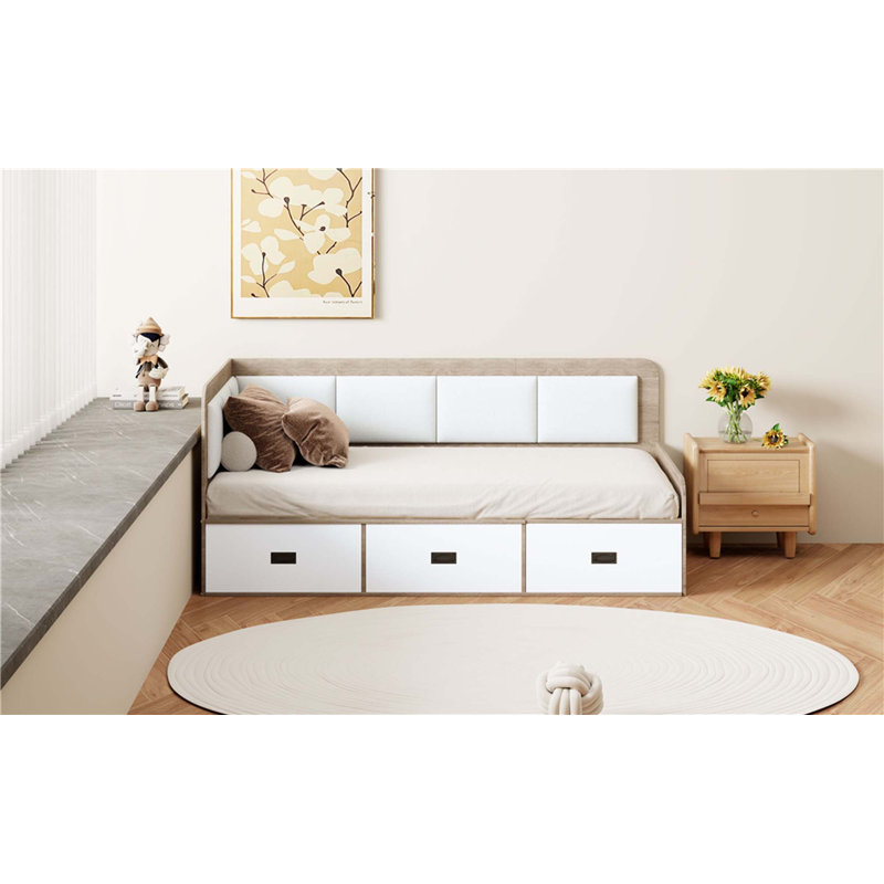 Lit de jour avec trois tiroirs et trois compartiments de rangement, Lit simple, Beige + naturel