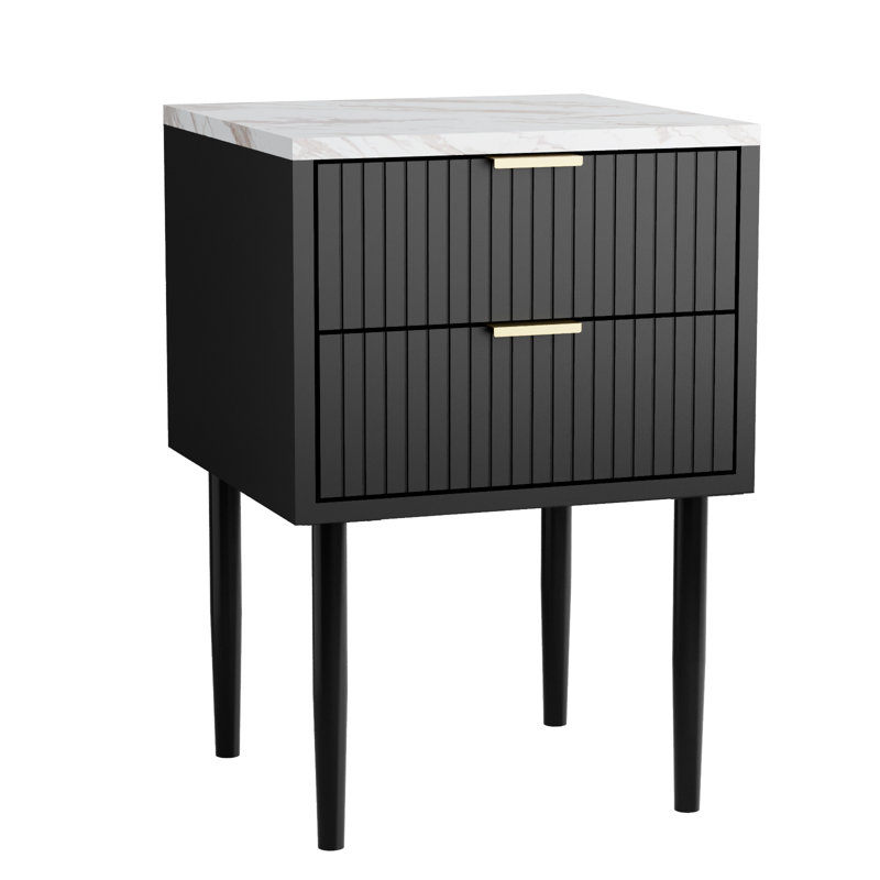 Azeez 2 Drawer Bedside Table, Black Marble