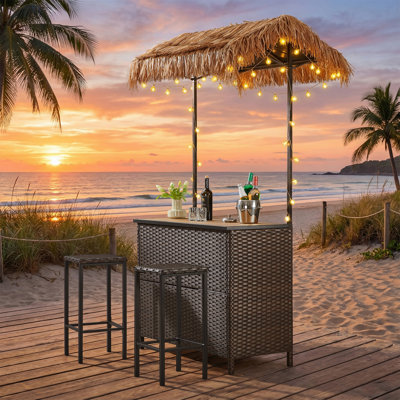 Outdoor Tiki Bar Set, Phuket 3-Piece Wicker Island Bar With Canopy, Patio Bar Table With 2 Stools by Bay Isle Home